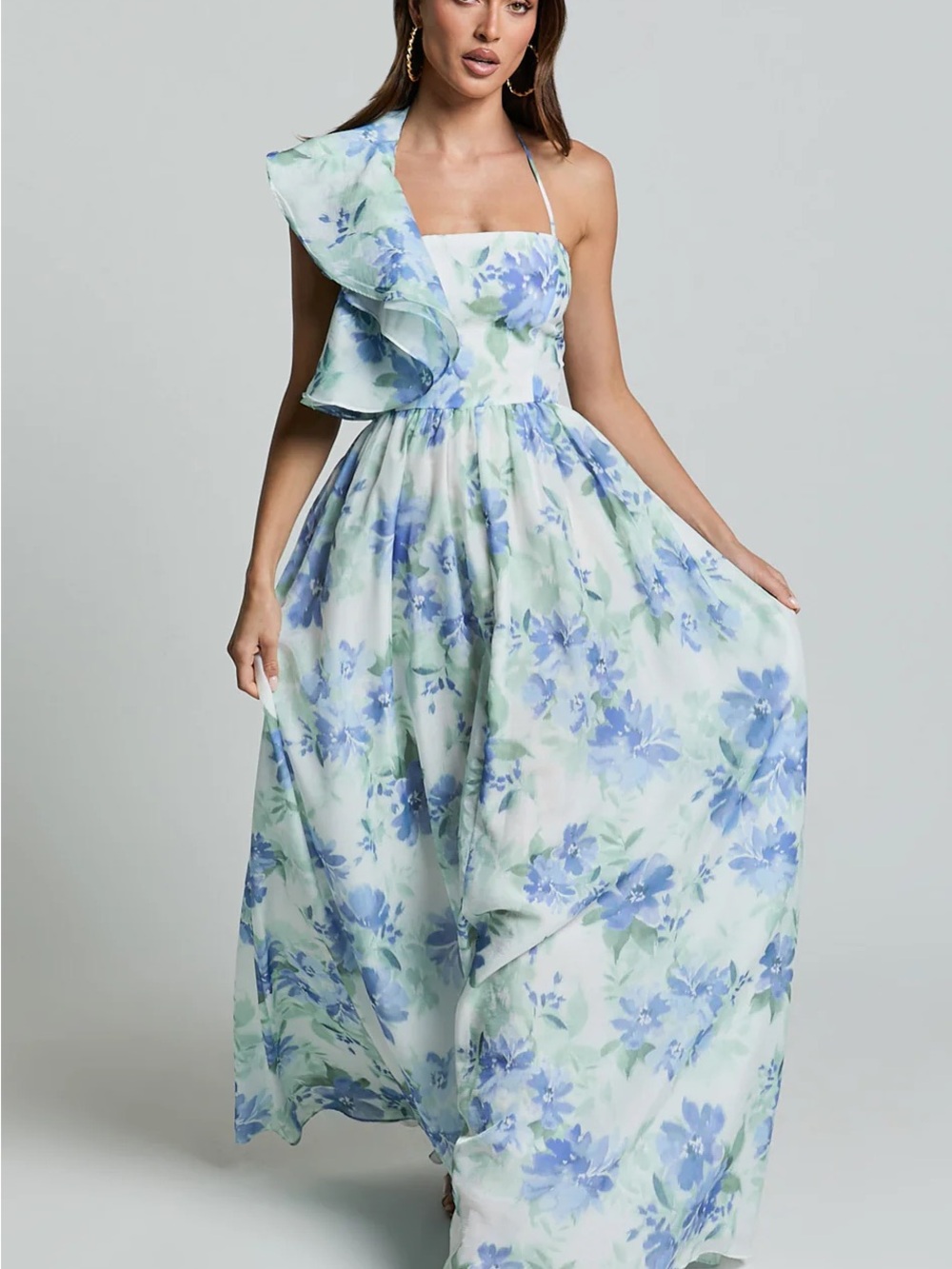 AMALIE THE LABEL - FLEUR HALTER RUFFLE DETAIL A LINE MAXI DRESS 10
